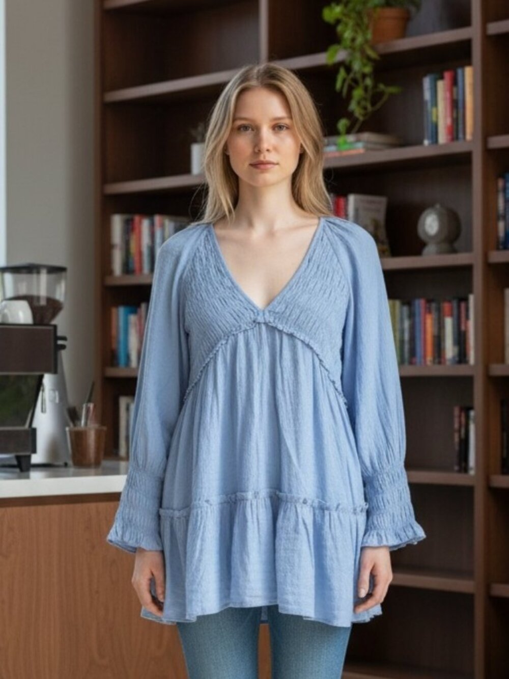 NWOT MUSTARD SEED (SM) Baby Doll Pleated Long Sleeve Deep V Collar